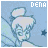 A contact sheet of seven 48x48 pixel animated frames showing a cartoon fairy character with changing background colors and subtle pose variations, each labeled "DENA" at the top right.