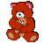 Red teddy bear with pink inner ears and light brown paws sits against gray background, holding small object near mouth.