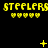 Yellow pixelated text 'STEELERS' repeated three times across black background with heart symbols below, plus animated yellow symbols above.