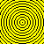 Four concentric spiral patterns in black and yellow, arranged in a with a gray square in the bottom-right corner