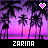 Pixelated sunset scene with palm trees, two pink hearts above the trees, and 'ZARINA' text at bottom on black background.