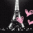 Static pixel art icon featuring a stylized Eiffel Tower with three pink hearts floating near its base against a black background.