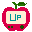 Pixel art apple-shaped icon with red body, green stem and leaf, white screen area showing "UP" text in teal letters that changes between frames.