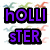 Pixelated text 'hollister is my life' in purple, cyan, and pink with black outlines over a background of small colorful birds.