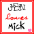 Four identical square icons with red borders display 'JEN loves Mick' text and a pink heart, each showing slight pixel variations across frames.