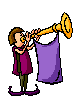 Pixel art animation of a figure in purple clothing playing a golden horn with a flowing purple cloth, set against gray background.