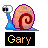 A 4-frame animated contact sheet showing a pixelated snail character with blue body and pink shell, each frame displaying the name "Gary" in different colors against black backgrounds.