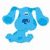 A 512x512 contact sheet of three animated frames showing a blue cartoon dog character in different poses and settings, including standing on white background, sitting on red couch, and holding objects near water.