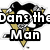 Pixelated cartoon penguin with black and white body, yellow accents, and a bow tie, overlaid with text reading "Dons the Man" on left and "I'm the Fan" on right.