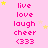 Pink background with yellow stars and repeated text 'live love laugh cheer <333' in pink font arranged in four