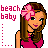 Pixelated image of a woman with long brown hair wearing a pink flower headband and pink sleeveless top, standing next to text reading 'beach baby' in magenta letters.