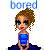 Pixelated icon of a woman with brown hair in an updo, blue eyes, red lips, wearing a strapless blue dress and dark blue skirt, with the word 'bored' above her.