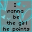 Pixelated text on a gray background with light blue decorative elements, displaying phrases about being 'the girl he points to and says that's her'.