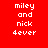 Red background with white pixelated text reading "miley and nick dever" arranged in two vertical of four lines each