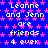 Blue background with pink star pattern and repeated white text 'Leanne and Jenn are friends 4 ever' in pixelated font.