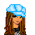 A 3x3 contact sheet of pixel art frames showing a character with long brown hair wearing a blue shower cap, followed by close-ups of the torso and legs in black clothing with white accents.
