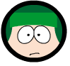 Two circular cartoon faces with green hair, black outlines, and beige skin; left face has wide eyes and a downturned mouth, right face shows closed eyes and a frown.