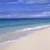 Pixelated beach scene with blue sky, turquoise water, and white sand, showing gentle wave patterns on the shore.