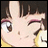 A pixelated anime-style character face with closed eyes and a slight smile, next to stylized text on a black background.