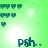Green background with teal heart shapes and "psh.." text, featuring animated light effects across four views.