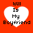 Four identical white heart shapes on a solid red background, each containing black pixelated text reading "Will Is My Boyfriend".