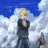 Pixelated anime-style character with blonde hair in dark clothing stands against clouds, emitting a bright yellow energy beam that expands into an explosion.