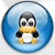 Pixelated penguin with black, white, and yellow coloring stands centered inside a blue circular frame with gradient shading.