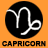 A static pixelated icon featuring the Capricorn zodiac symbol in white against a black circular background, with the word "CAPRICORN" displayed below on an orange field.