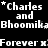 Black background with white pixelated text repeating 'Charles and Bhoomika' and 'Forever x' in a pattern, with small star symbols scattered throughout