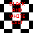 Red text on black-and-white checkered backgrounds with two distinct patterns, one square and one diamond-shaped.