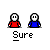 Pixel art animation of two figures in red and blue shirts performing actions with speech bubbles, text labels, and motion effects.