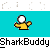 Pixel art animation of a character with white hair and yellow shirt performing actions against blue and gray backgrounds, including static poses, weapon swings, and red particle effects.