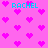 Pixelated pink background with cyan text 'RACHEL' and scattered magenta hearts, no visible animation changes.