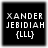 Four identical pixelated black square icons with white text reading XANDER JEBIDIAH {LLL} in three lines, each icon has a thin white border.