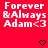 Red background with white pixelated text reading 'Forever & Always Adam<3' and two black heart symbols at the bottom.