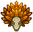 Pixelated head with orange-brown spiky hair, beige face, and yellow eyes on gray background.