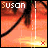Animated contact sheet showing five sequential frames of a pixelated orange cartoon character with black hair and white text 'Susan' at top left, featuring vertical light streaks and red X symbols in different positions across frames.