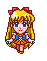 Four pixel-art depictions of a blonde anime character with blue eyes and red bows, wearing an orange skirt and blue top against gray background.