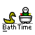 Pixel art scene with yellow swan, white bathtub, and green-clothed figure with red/yellow arms, under text bubbles and "Bath Time" labels.