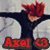 Red-haired character in black and white outfit with arms outstretched, text "Axel" and "<3" below, showing head movement