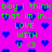 Pixelated green text and blue hearts on a bright pink background with repeated phrases.