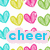 Pixelated heart-shaped icons in cyan, yellow, pink, and green arranged around a central text bubble reading 'cheer' on white background.