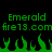 Green pixelated text and flame shapes on a black background, with repeated 'Emerald' and 'fire13.com' text elements.