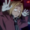 Anime character with blonde hair in a maroon jacket and striped tie, hands raised in panic against a dark background with red lights.