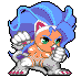 Pixel art character with blue hair, cat ears, and orange skin in fighting poses with clenched fists and varied facial expressions.