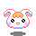 Pixel art of a white hamster-like character with orange hair, pink cheeks, and red outline, showing two expressions: open eyes with pink mouth and closed eyes with open mouth.