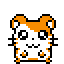 Pixel art hamster with orange and white fur, black eyes, and small whiskers in six distinct poses on gray background.