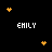 Pixelated black background with repeated white text 'EMILY' and orange star-like symbols in various positions.