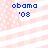 Pixelated blue text 'obama' and ''08' on a pink-and-white striped background with white dots.