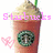 Pixelated image of a Starbucks drink with pink text overlay and heart symbols.